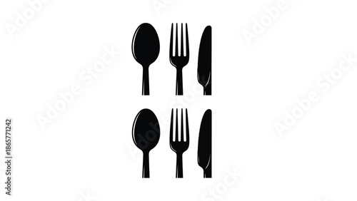 Simple black silhouettes of spoons forks and a knife arranged in rows