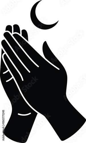 Silhouette of praying hands with crescent moon above in dark color