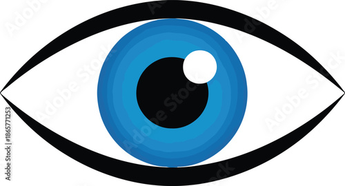 A minimalist vector illustration shows a bright blue human eye with a prominent black pupil