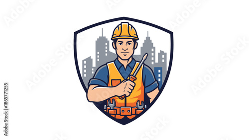 Construction worker holding tools in front of city skyline.