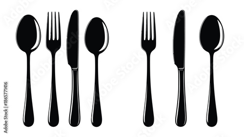 A simple black and white illustration of cutlery spoons forks and knives