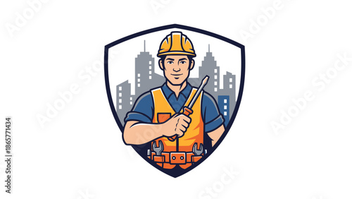 Construction worker holding tools in front of city skyline.