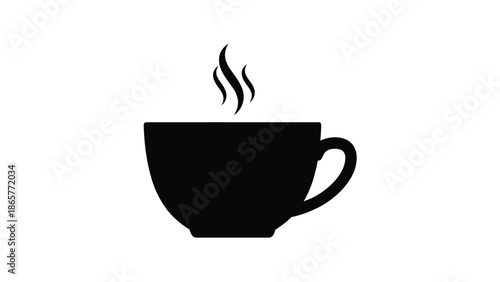 A simple black silhouette of a steaming hot cup of coffee or tea
