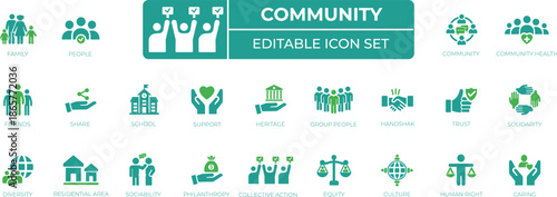 Community icon set for social groups, teamwork, people network, support, collaboration, volunteering, nonprofit and civic projects. Solid icon set