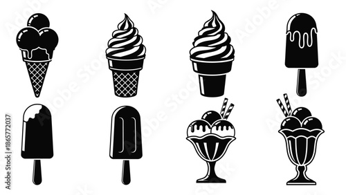 Black and white illustration of various frozen dessert treats