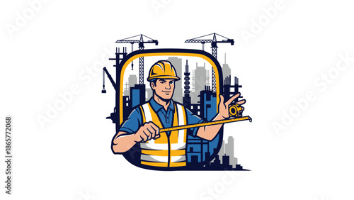 Construction Worker with Measuring Tape Illustration.