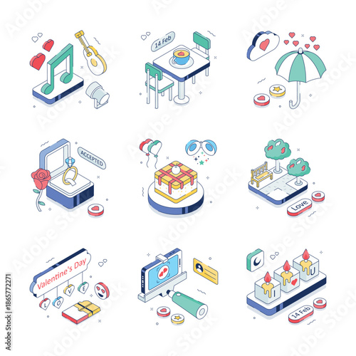 Take a look at this amazing isometric outline illustrations set of romantic lifestyle