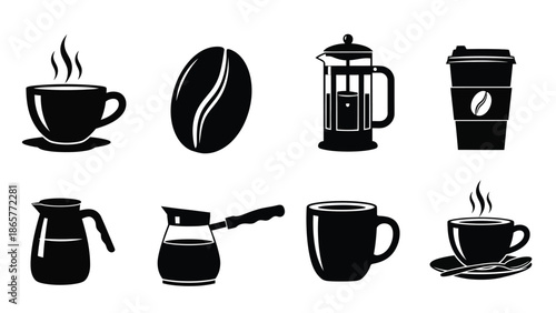 Coffee elements beans cups french press and brewing methods illustrated in black