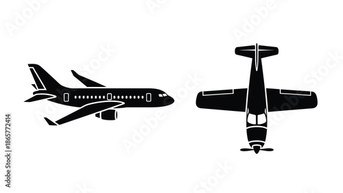 Simple black and white illustration of a passenger plane and a small propeller aircraft
