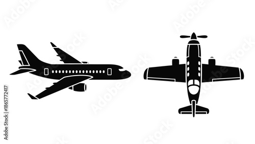 Simple black silhouette illustration of a commercial airliner and a small propeller plane
