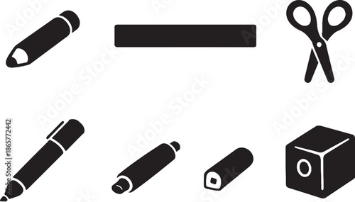 Teacher Writing & Measurement Tools Black Silhouette Icon Bundle eps