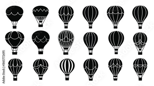 A collection of black and white hot air balloon illustrations in a grid pattern