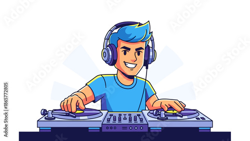 Cool DJ mixing music with turntables and headphones.