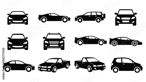 Collection of vehicle silhouettes cars suvs and hatchbacks in a black and white style