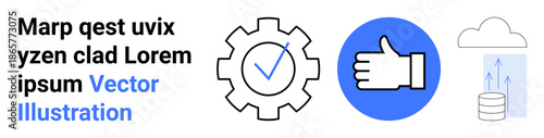 Cloud computing, digital approval, data storage, technology integration, process optimization, IT services. Gear with checkmark, thumbs-up cloud and database icon set. Cloud computing and digital
