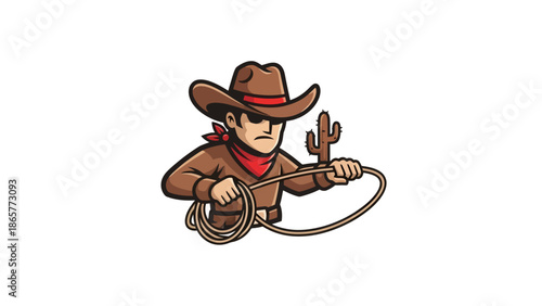 Cowboy with Lasso and Cactus Cartoon Illustration.