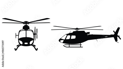 Silhouette of a helicopter shown in both front and side views