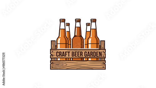 Craft Beer Garden Wooden Crate with Bottles Logo Design.
