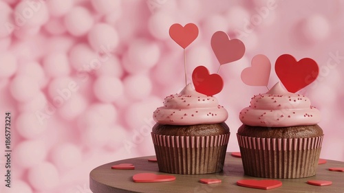 Two chocolate cupcakes with pink frosting and heart decorations on a wooden plate against a pink background for valentine's day celebration or romantic dessert with valentine s day