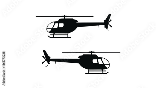 Simple silhouette illustration depicting two black helicopters in different orientations