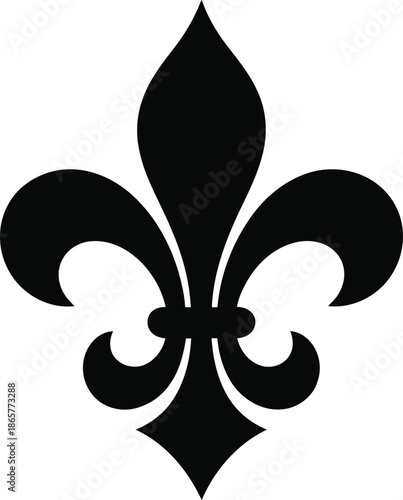 A striking black fleur de lis heraldic symbol stands prominently on a pure white background