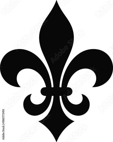 A striking black fleur de lis heraldic symbol stands prominently on a pure white background