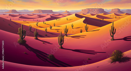 Colorful Desert Landscape with Sand Dunes and Saguaro Cacti at Sunset
