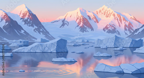 Serene Glacial Landscape with Floating Icebergs and Snowy Peaks