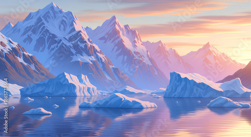 Majestic Snow Capped Mountains and Icebergs in Arctic Water at Sunset