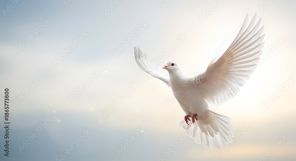 Fototapeta premium Paloma blanca en vuelo, símbolo de libertad y esperanza, Paloma en movimiento, representando la paz y la serenidad, espíritu santo, Dios esperanza y alegría en el corazón