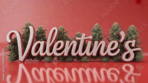 Valentine's day cannabis celebration with marijuana plants and red background with Valentine s Day and holiday and weed and romance and love and festive and cannabis plants