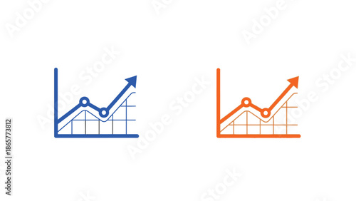 Business growth analytics chart icon set with upward trend arrows in blue and orange colors, financial performance line graph symbols