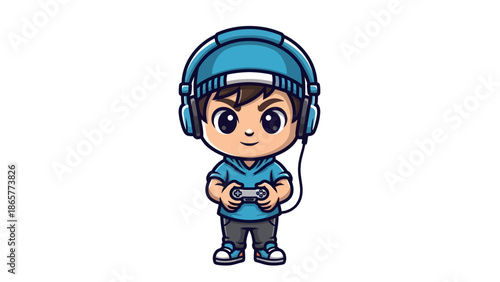 Cute Boy Gamer with Headphones and Controller.