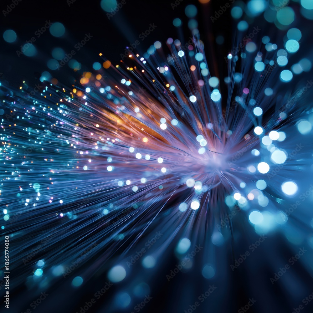 Naklejka premium Vibrant fiber optic cables with glowing blue and orange lights