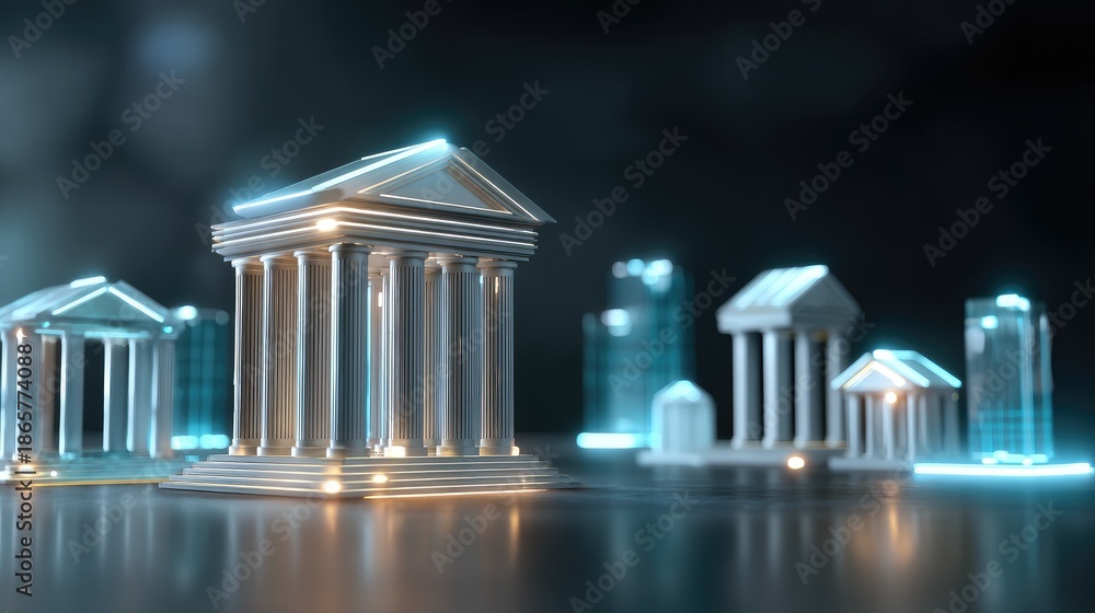 Obraz premium Modern Conceptual Representation of Financial Institutions with Glowing Architectural Features and Abstract Structures