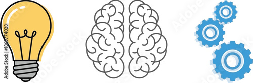 Idea Generation in Creative Thinking Process with Bright Light Bulb and Gears in Simple Line Art Style for Business and Education