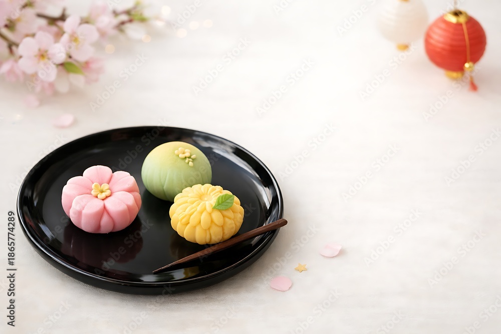 custom made wallpaper toronto digitalColorful Floral Japanese Wagashi Sweets on Black Tray with Copy Space