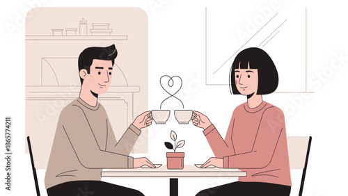 Couple toasting with coffee cups at a cafe table.
