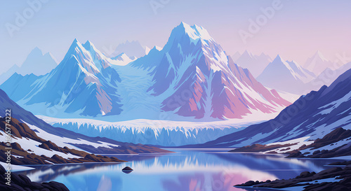 Majestic Mountain Glacier and Still Lake at Dawn Digital Illustration