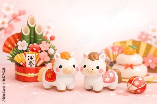 Wallpaper Mural Cute Japanese New Year Horse Figurines with Traditional Kadomatsu Decoration Torontodigital.ca