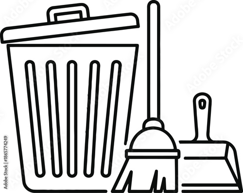 Cleaning supplies and trash can