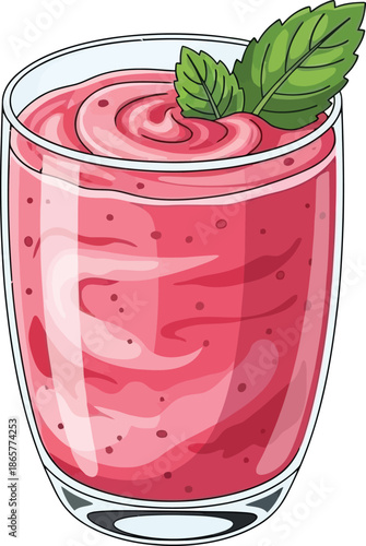 Pink smoothie in a clear glass garnished with fresh mint leaves perfect for healthy lifestyle and summer refreshment concepts