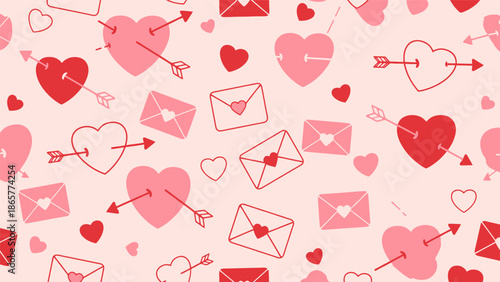 Valentine's Day seamless pattern with hearts and envelopes.