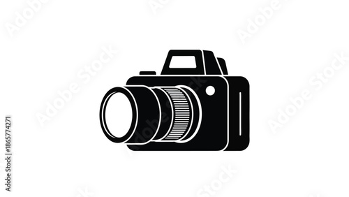A simple black silhouette illustration of a vintage camera on a white background