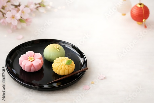 Wallpaper Mural Colorful Floral Japanese Wagashi Sweets on Black Tray with Copy Space Torontodigital.ca