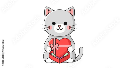 Adorable cartoon gray cat holding a red heart shaped gift box.
