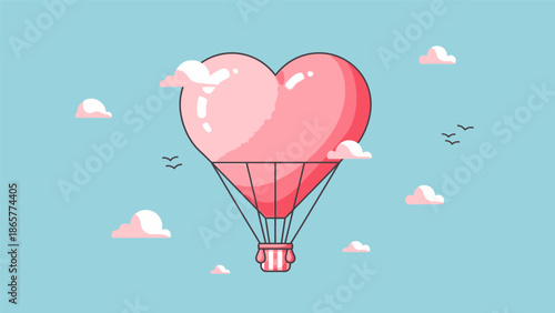 Heart shaped hot air balloon floating in the sky with clouds.