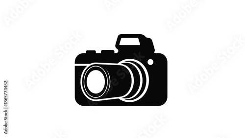 A simple black and white silhouette depicting a professional digital camera