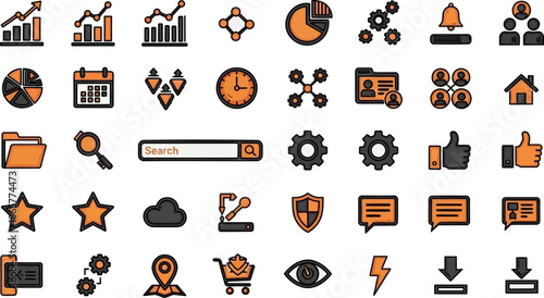 Business Analytics Dashboard UI Icons Set – Charts, Reports, Calendar, Cloud Data