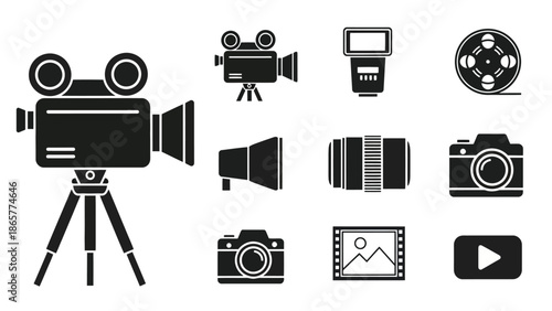Black and white icons representing film and photography equipment